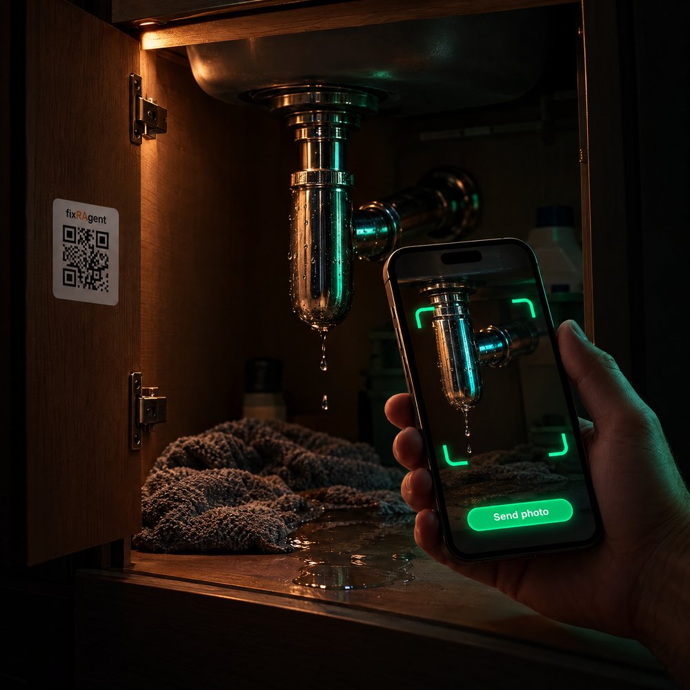 A resident’s hand holding a phone, photographing a dripping pipe under a kitchen sink