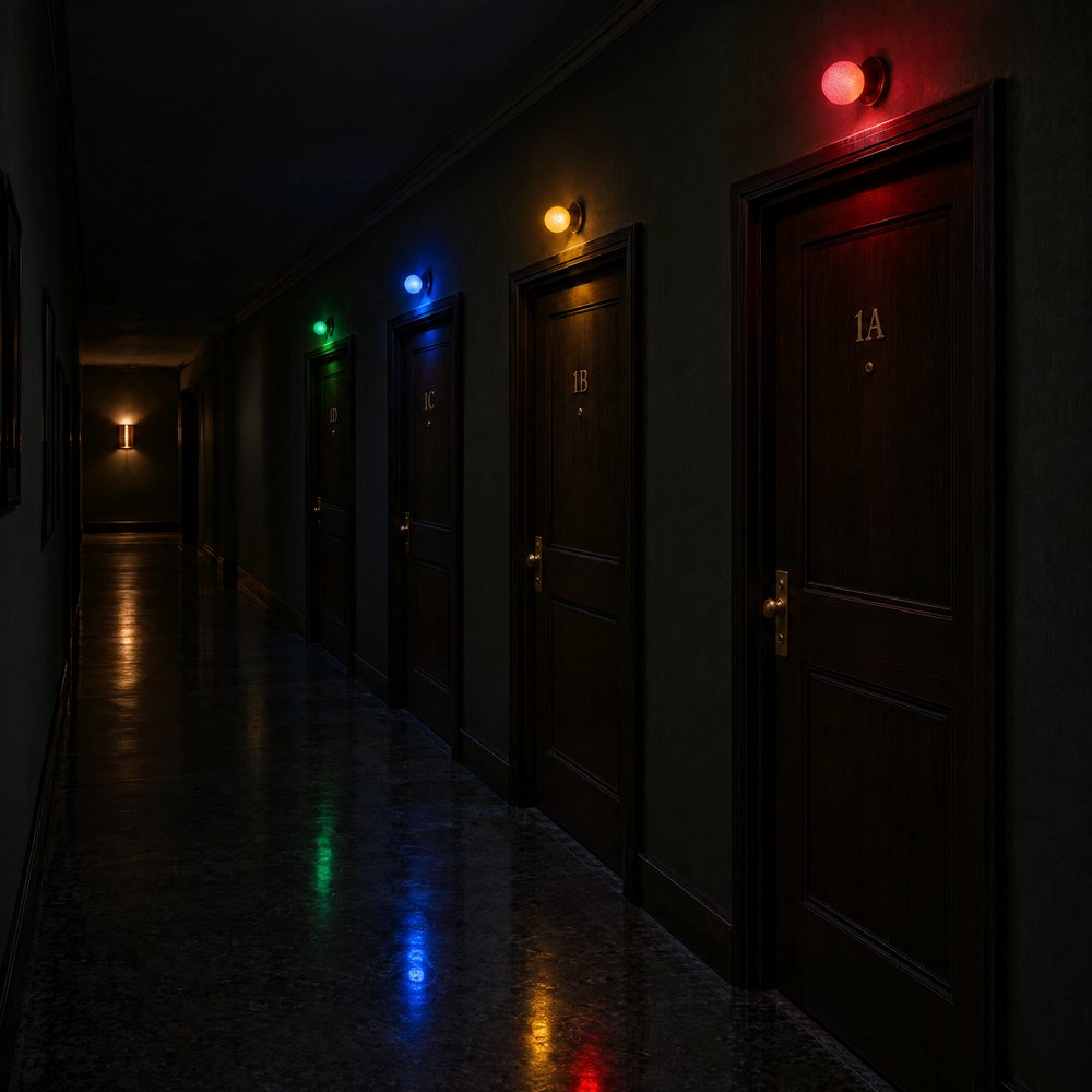 An apartment hallway at night. A small light glows over each unit door: red over the nearest, then amber, blue and green. Worst first.