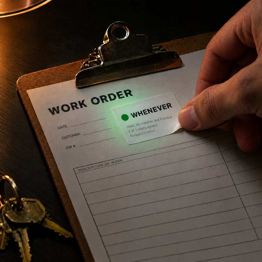 A thumb pressing a small printed label, marked WHENEVER, onto a paper work order on a clipboard