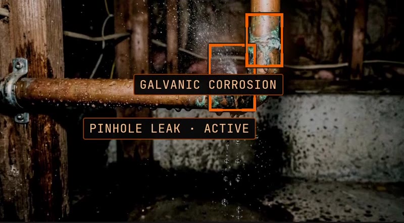Basement copper pipe with a pinhole leak, parts marked in orange