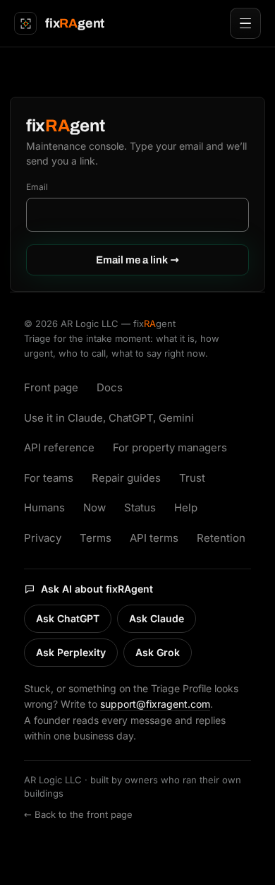 The maintenance console on a phone, signed out: the fixRAgent mark, the line Maintenance console. Type your email and we'll send you a link, an email field and an Email me a link button.