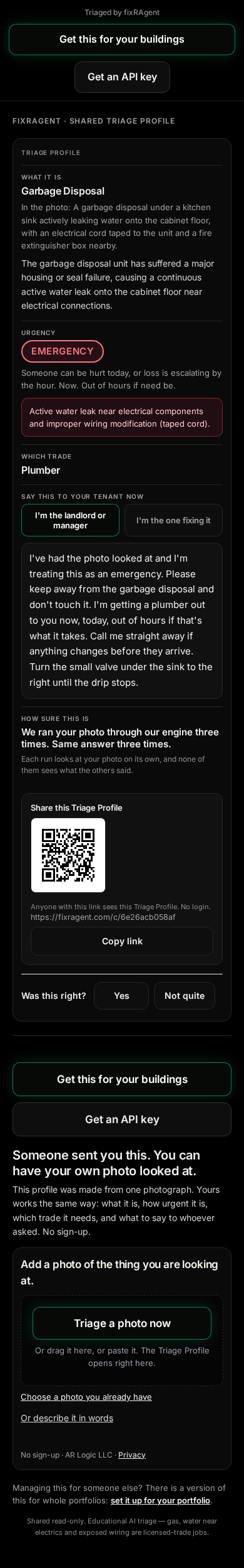 A shared Triage Profile on a phone: a strip reading Triaged by fixRAgent, then the profile for a garbage disposal with what it is, how urgent, which trade, and what to say to the resident.