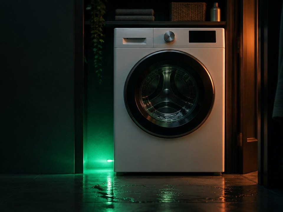 A front-load washing machine in a dark laundry closet with a soft green light