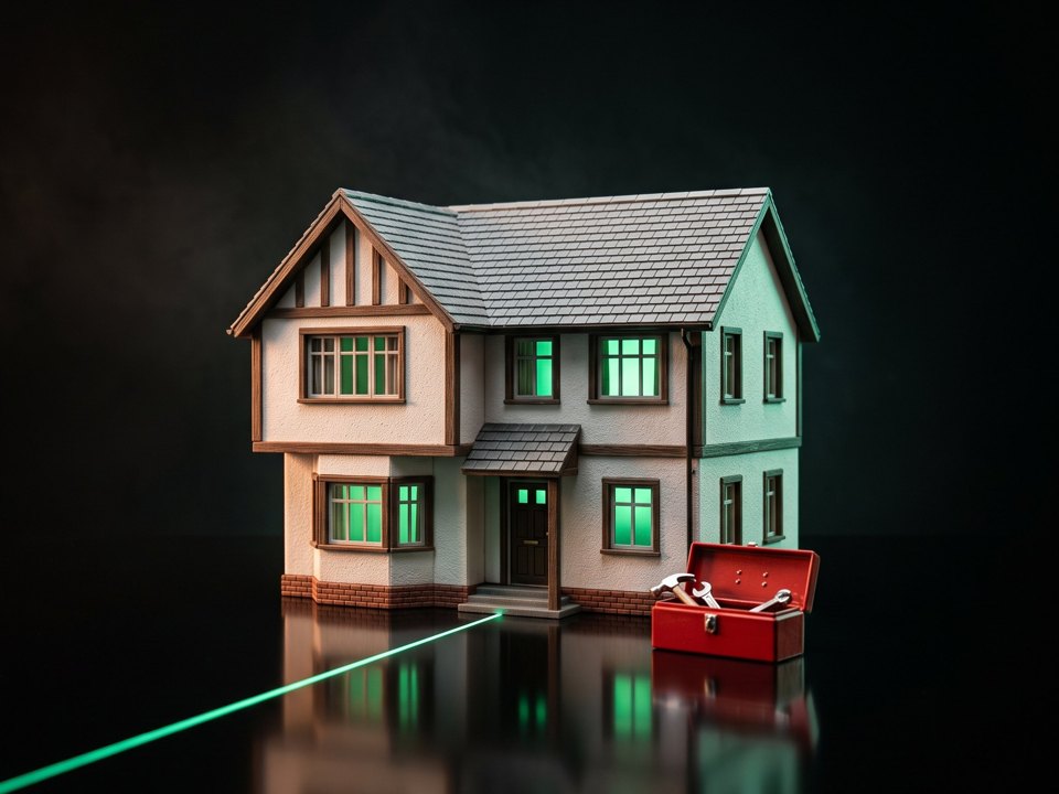 A small model house with a red toolbox beside it
