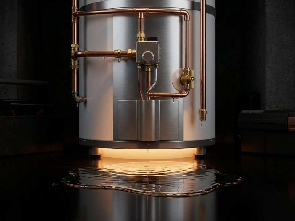 A water heater with copper pipes and water pooling at its base