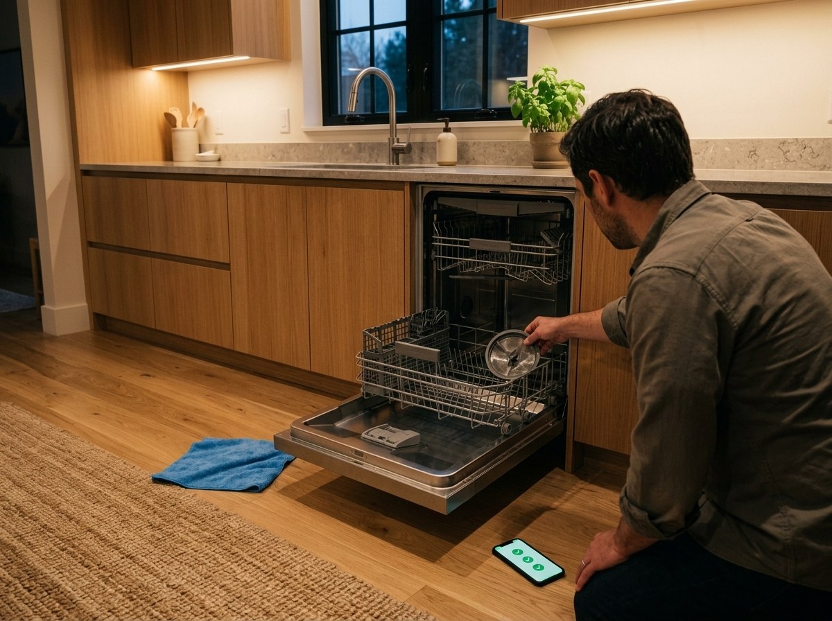 The same kitchen, someone kneeling at the open dishwasher fitting the drain filter back in, a phone on the floor showing three checked steps