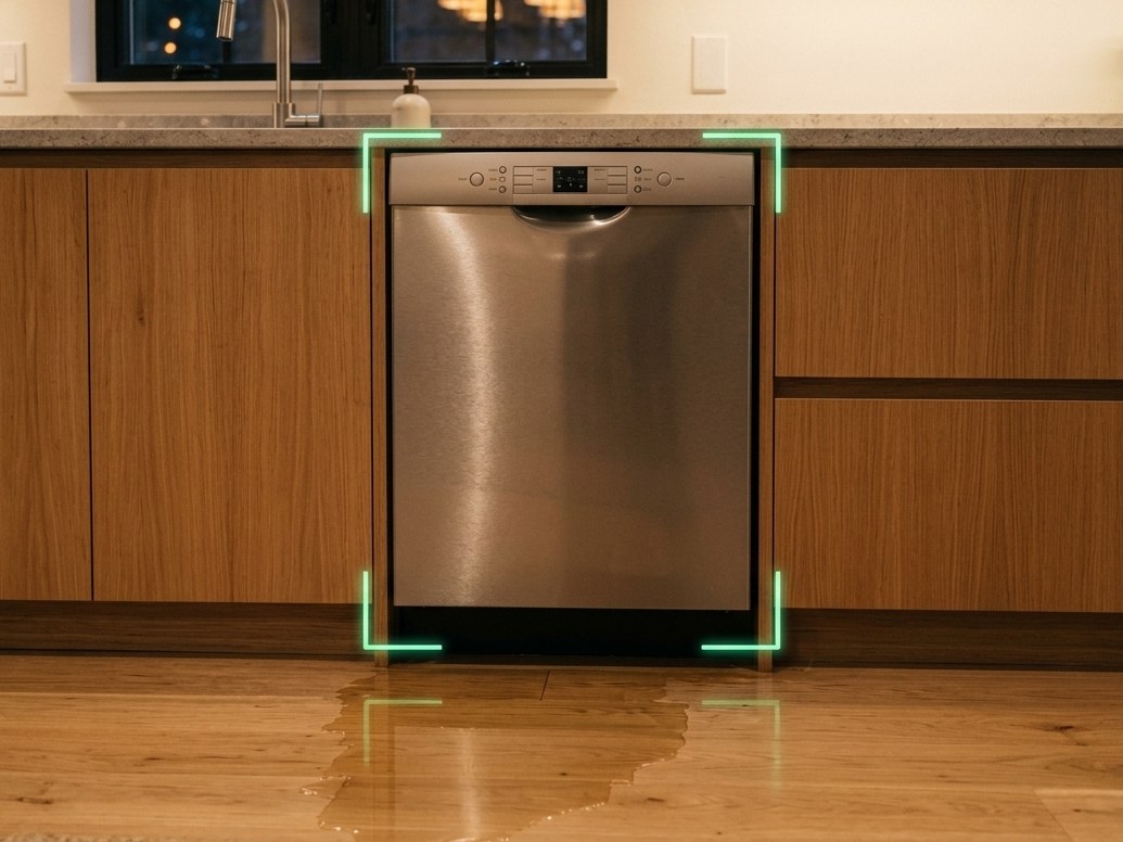 The same dishwasher under the counter, with green corner brackets drawn around it