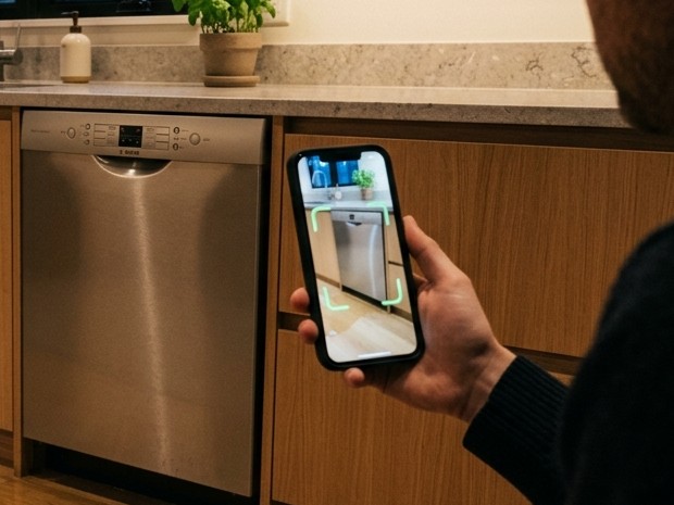 A hand holding a phone up to photograph the dishwasher, with green corner brackets on the screen
