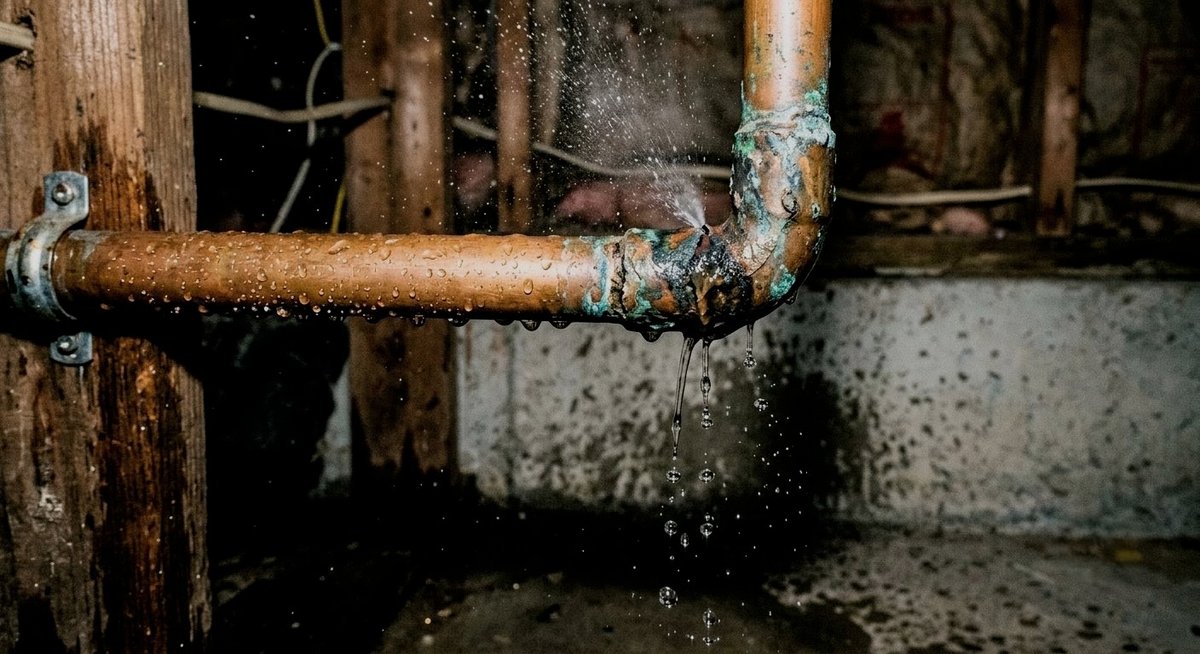 Copper water supply pipe with an active leak, the photograph as received