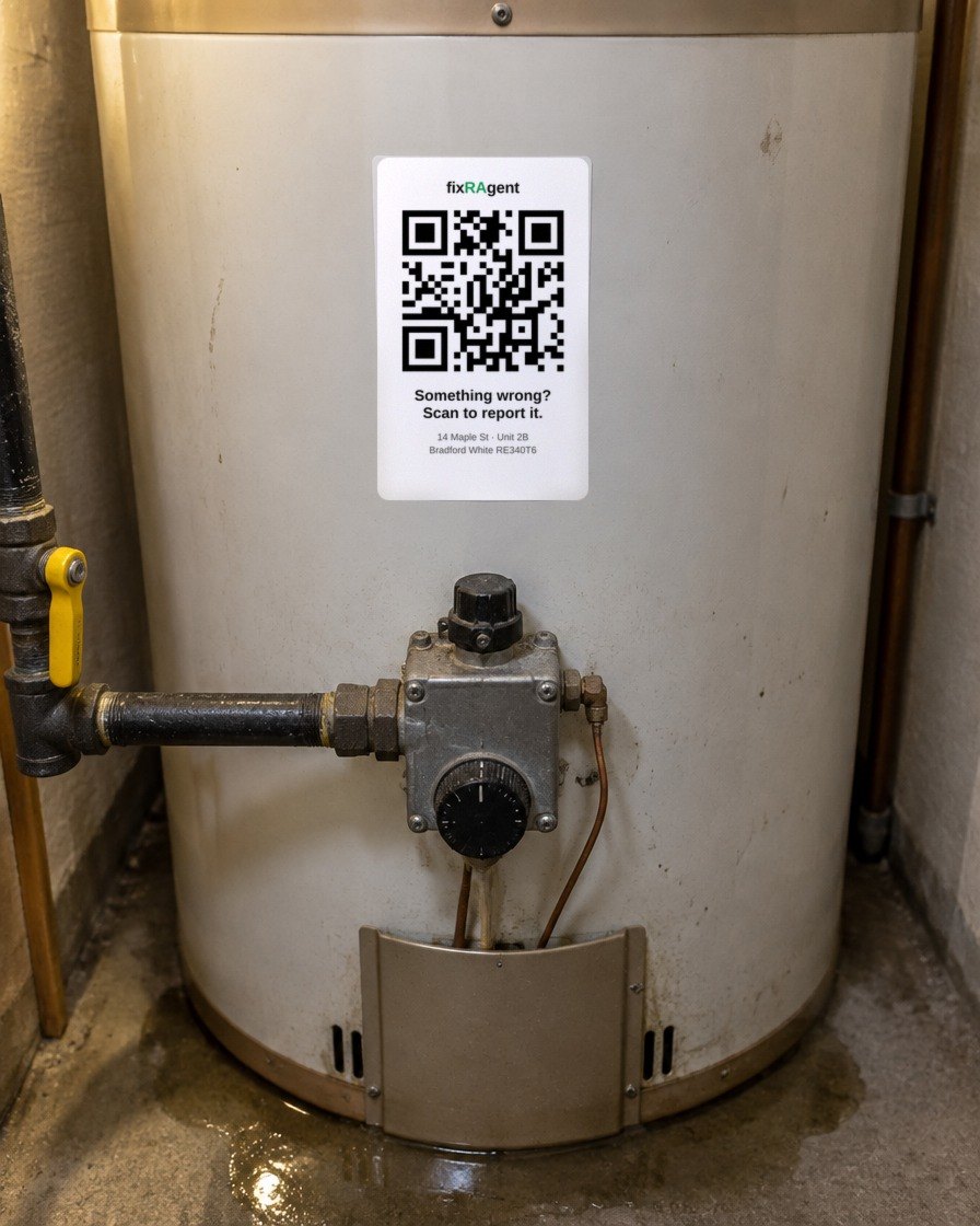 A fixRAgent sticker on a gas water heater, water pooling at its base