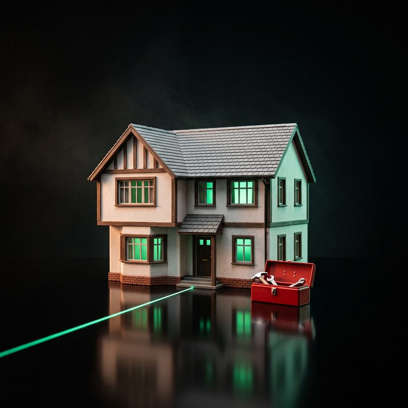 A scale-model rental house with green-lit windows