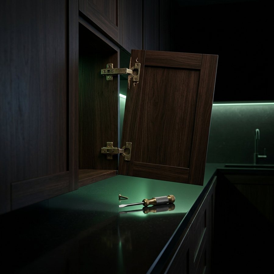 A kitchen cabinet door hanging from a loose hinge
