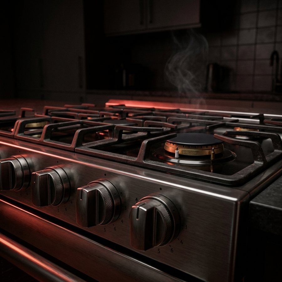 A gas stove in a dark kitchen with a faint haze above a burner
