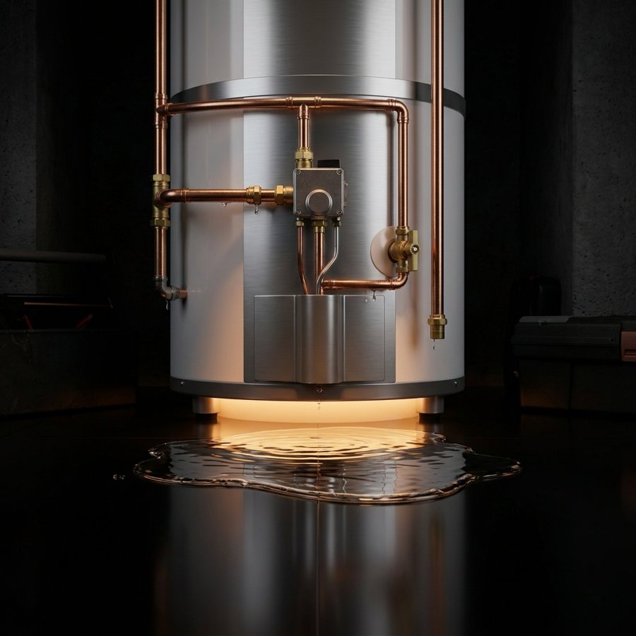 A water heater with copper pipes and water pooling at its base