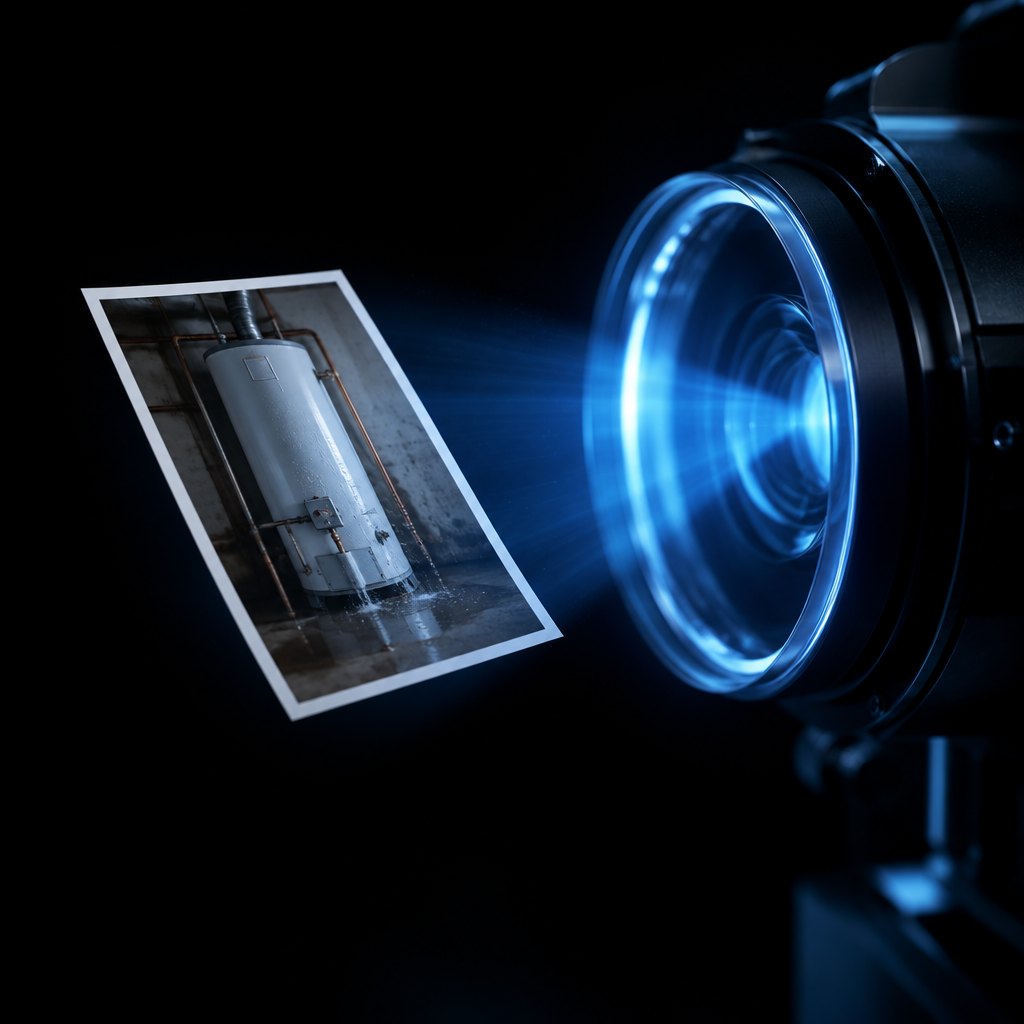 A printed photo being read by a glowing lens