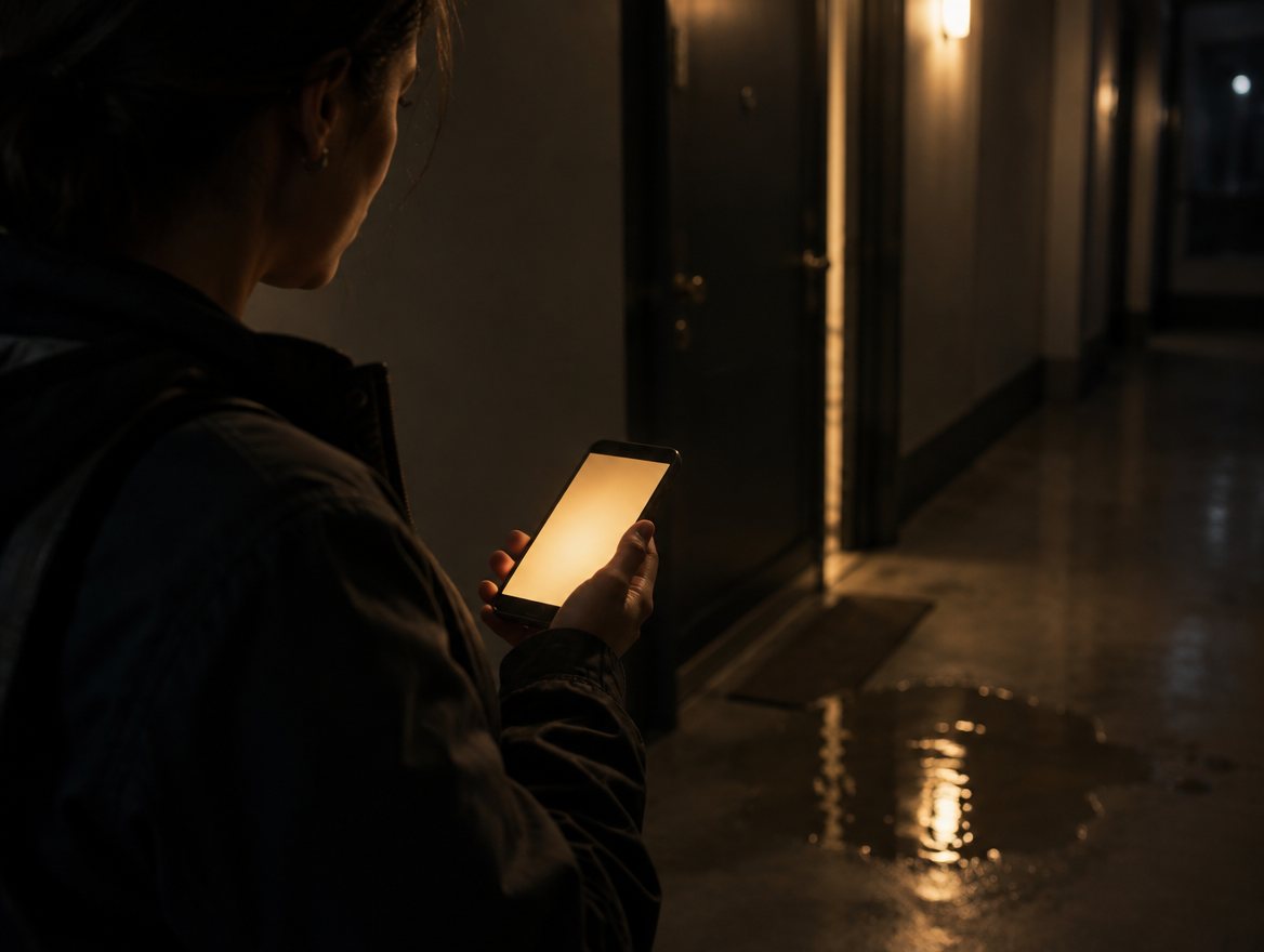 A manager in a hallway at night, a phone in hand