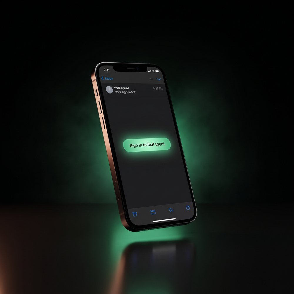 A phone showing the sign-in email from fixRAgent with a glowing Sign in button