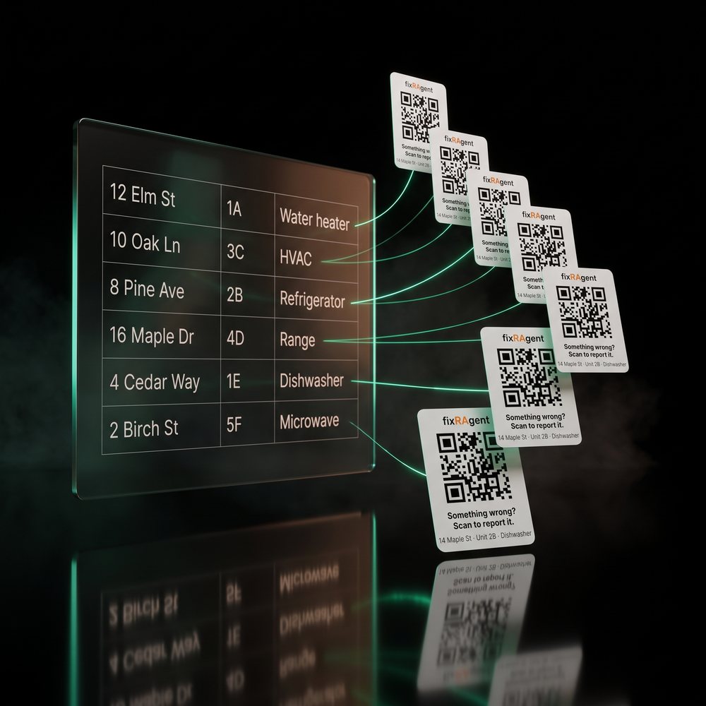 Rows of a unit list lifting off a glass sheet and turning into fixRAgent stickers