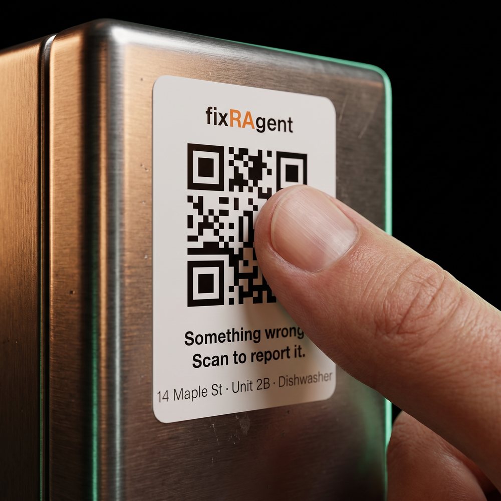 A thumb pressing a fixRAgent sticker onto stainless steel equipment