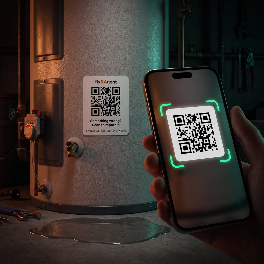 A phone scanning a fixRAgent sticker on a water heater
