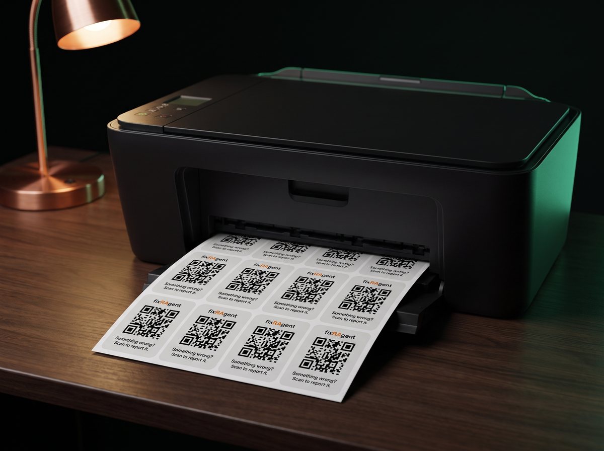 A sheet of fixRAgent stickers coming out of a printer
