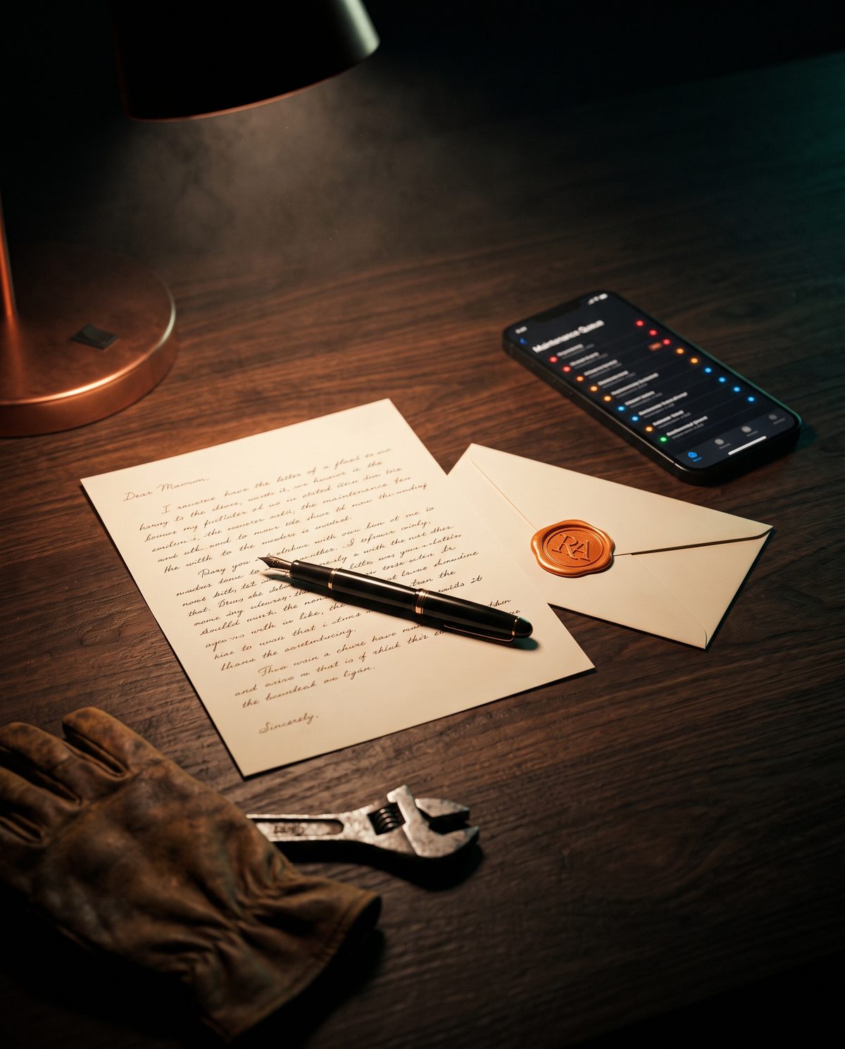 A handwritten letter and fountain pen on a walnut desk at night, an envelope sealed with a copper RA wax seal, a phone showing the queue, a work glove and a wrench
