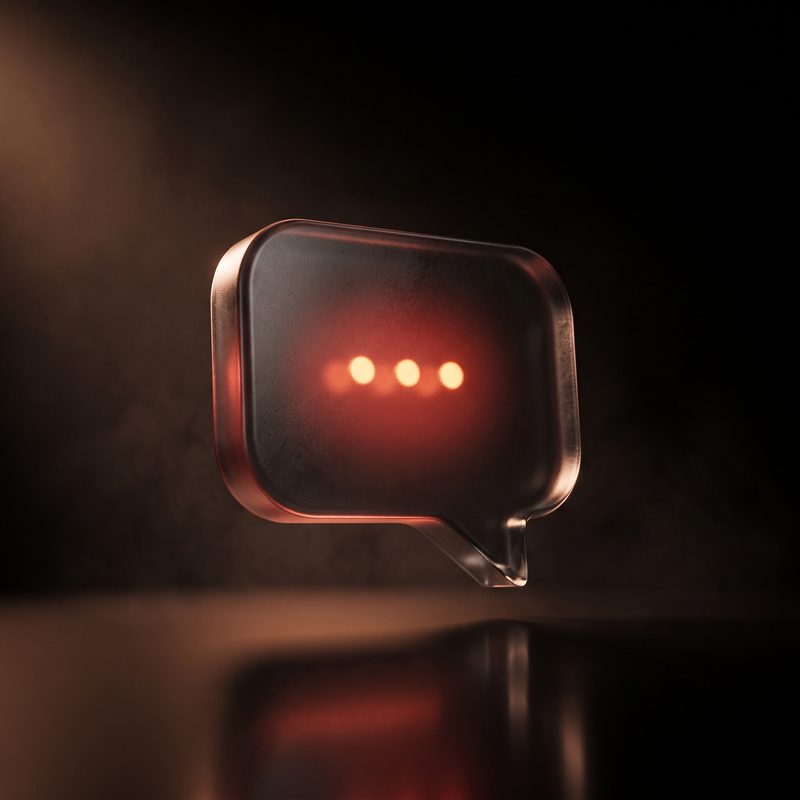 A dark glass speech bubble glowing red from inside