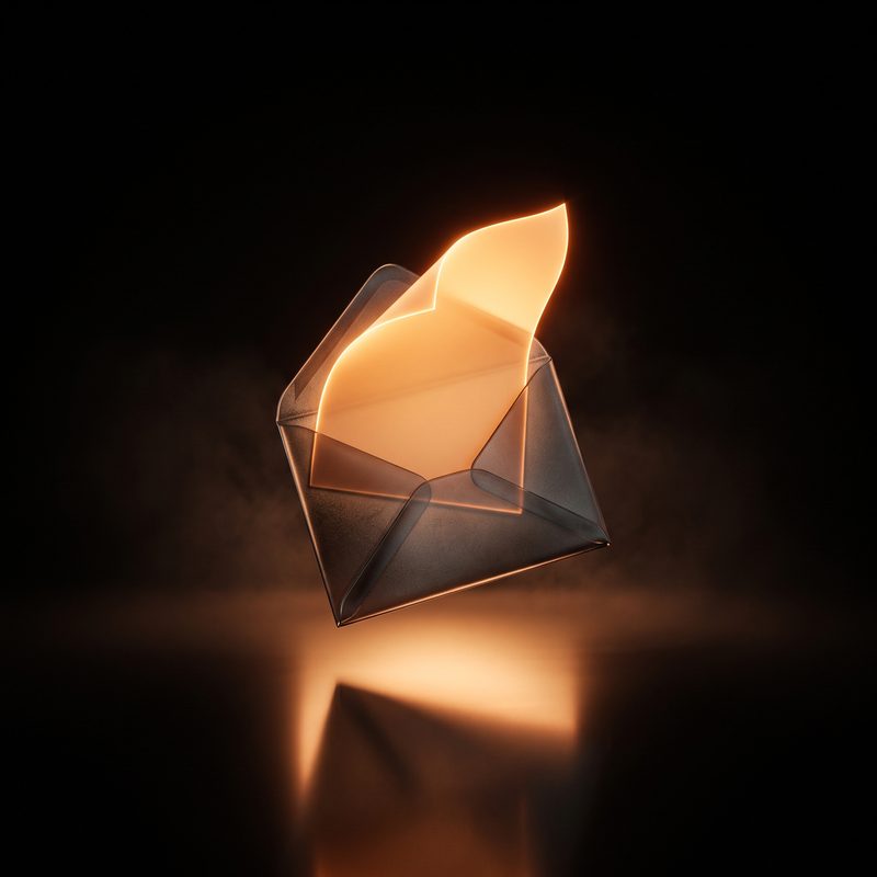 An open glass envelope with a glowing amber letter rising out