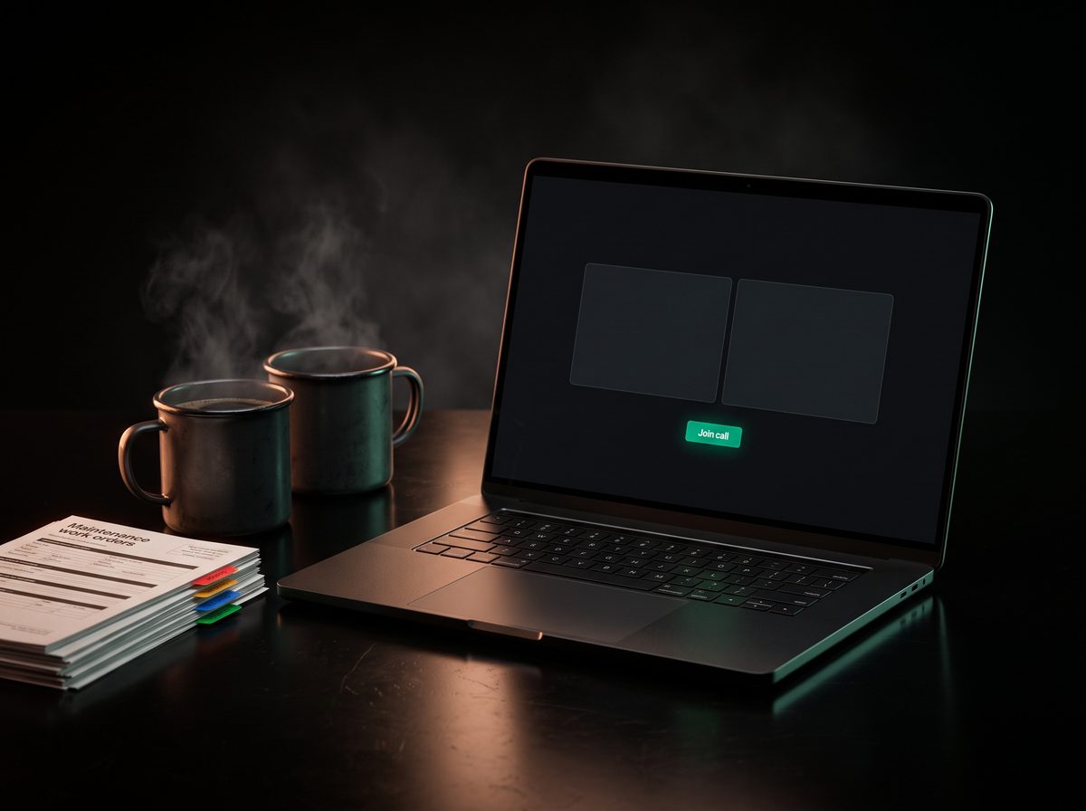 A laptop with a video call waiting to start, two steaming mugs and a stack of work orders with colored urgency tabs