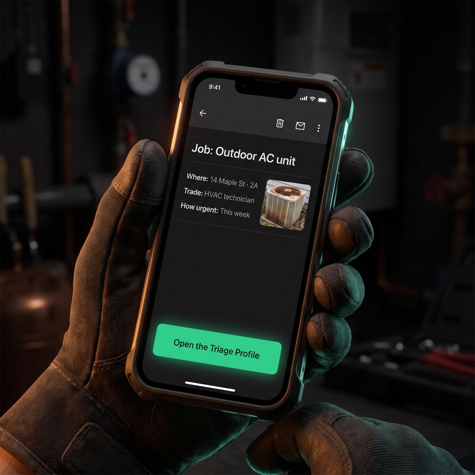 A gloved hand holding a phone that shows the mail you sent: job, outdoor AC unit, 14 Maple St 2A, HVAC technician, this week, with an Open the Triage Profile button